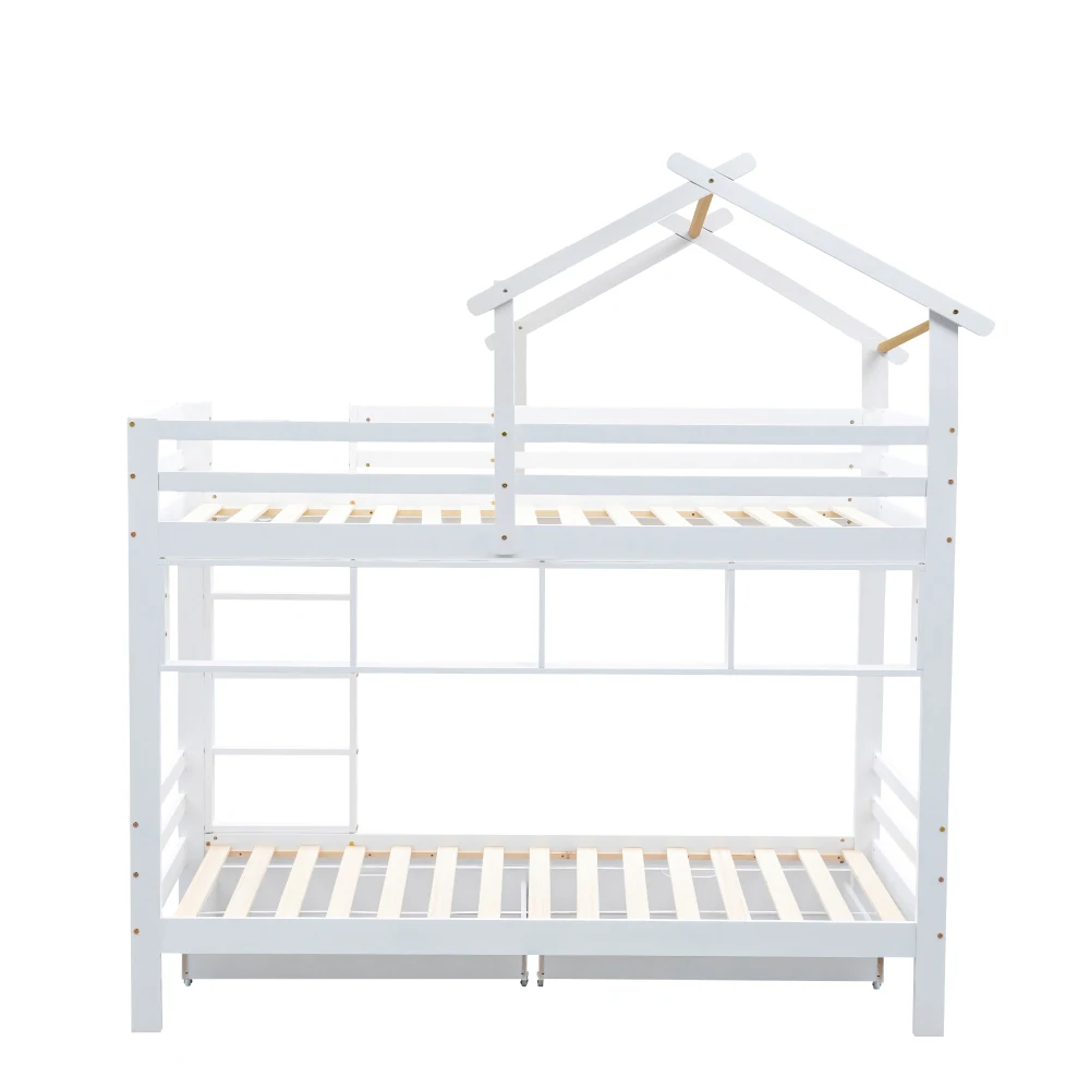 PINGGO Etagenbett mit Schubladen, Regalen, Hausbett, 3-stufige Leiter, Kiefernholzrahmen, Weiß, 90x200cm, Kinderbett mit Fallschirmgitter – Detail 13