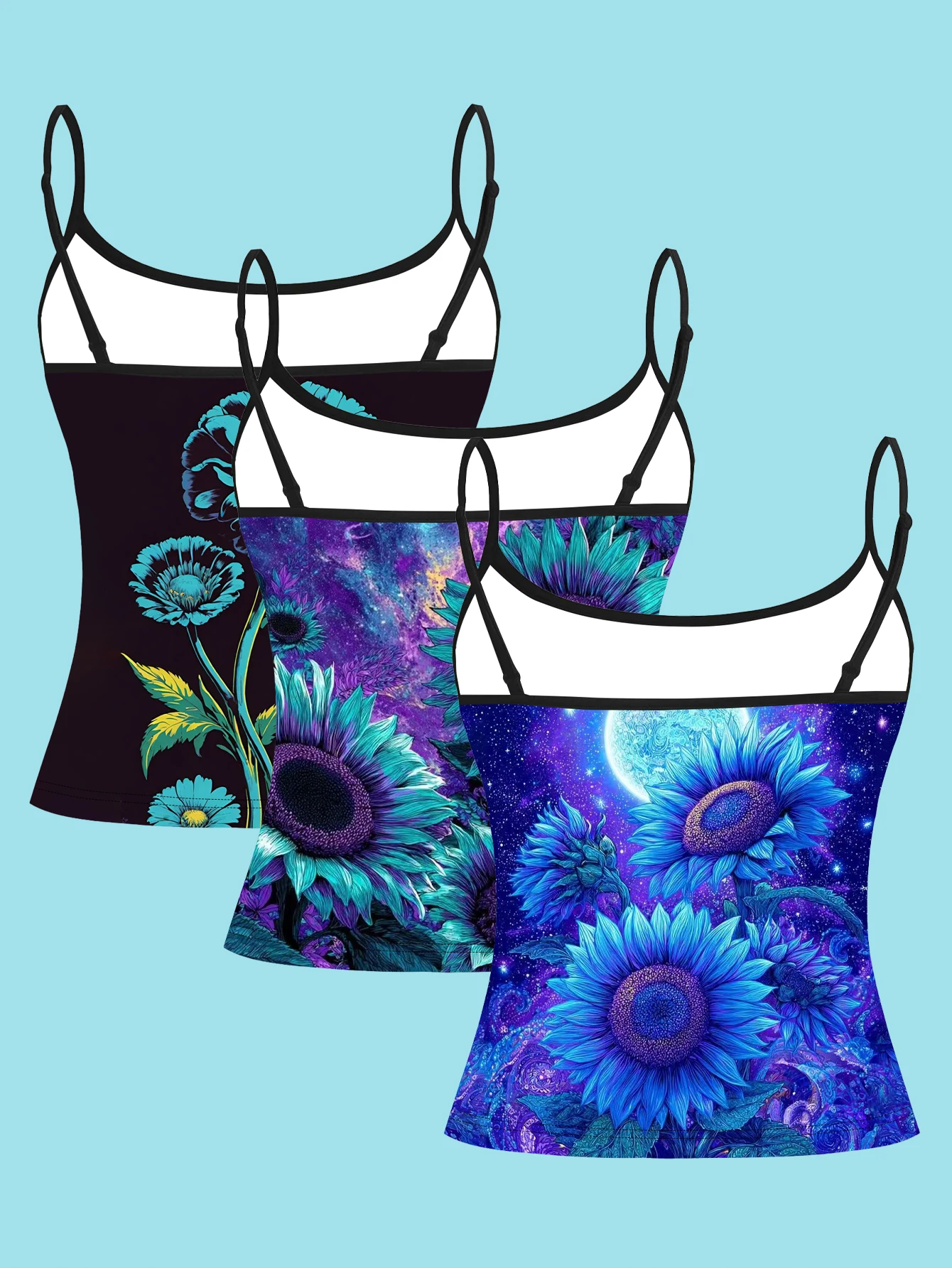 3-Piece Set of Starry Sky, Moon, and Sunflower Camisoles, Millennium-Style Slim-Fit Tank Tops for Layering or Wearing Alone