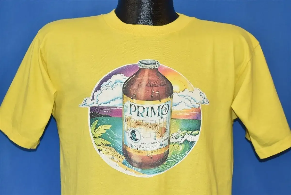 Camiseta con logo de la botella de cerveza Primo Hawaiian de los años 70, talla mediana
