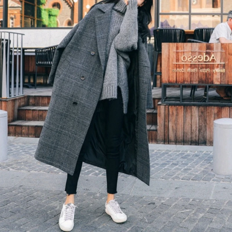 Korean Version of Mid-length Over-the-knee Woolen Coat Women's 2025 Autumn/winter New Temperament Loose Tartan Jacket Trend