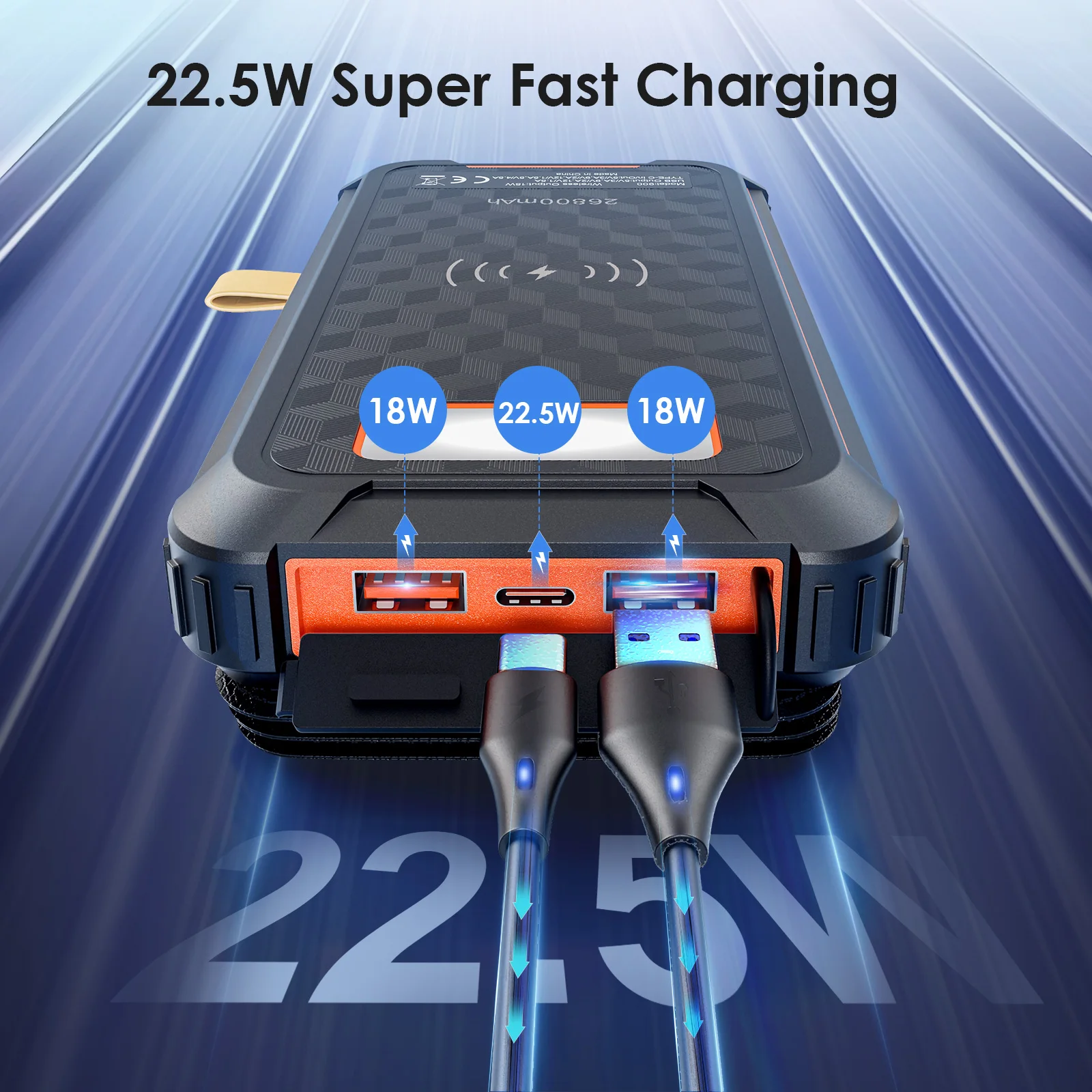 Batterie Externe Solaire 26800mAh PD15W - Power Bank Portable Avec Lampe LED Pour Camping