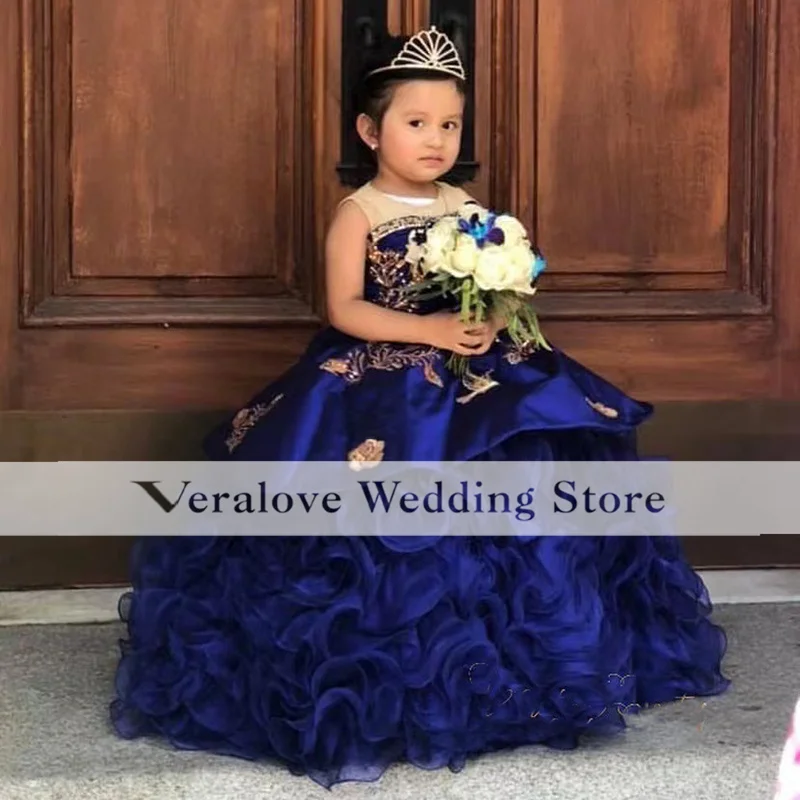 Dark Blue Children Princess Dress Organza Appliques Lace Mini Pageant Birthday Party Dress Flower Girl Dresses