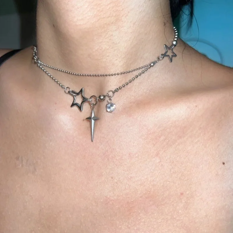 Starburst Pendent Necklace,Y2k Star Jewelry Unisex Slivery Chain ,Emo jewelty Minimalist Grunge Punk Streetwear Kpop Choker