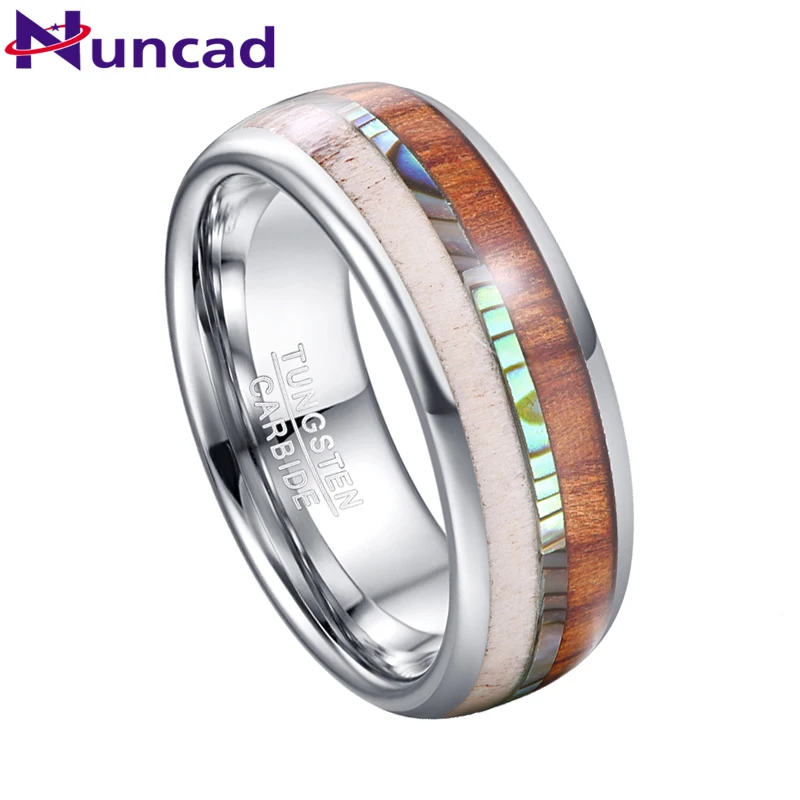 NUNCAD Deer Antlers Abalone Opal Stone Men Tungsten Steel Ring Dome Wood Leather Steel Carbon Engagement Rings