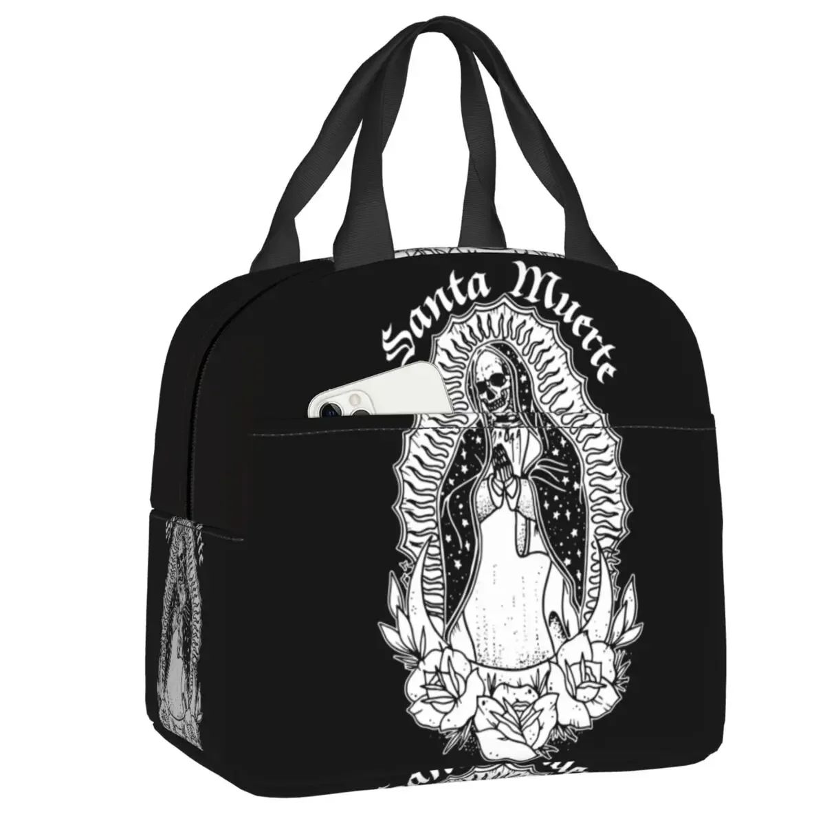 Santa Muerte Saint Death Portable Lunch Boxes Women Waterproof Mexican Dead Sugar Skull Cooler Thermal Food Insulated Lunch Bag