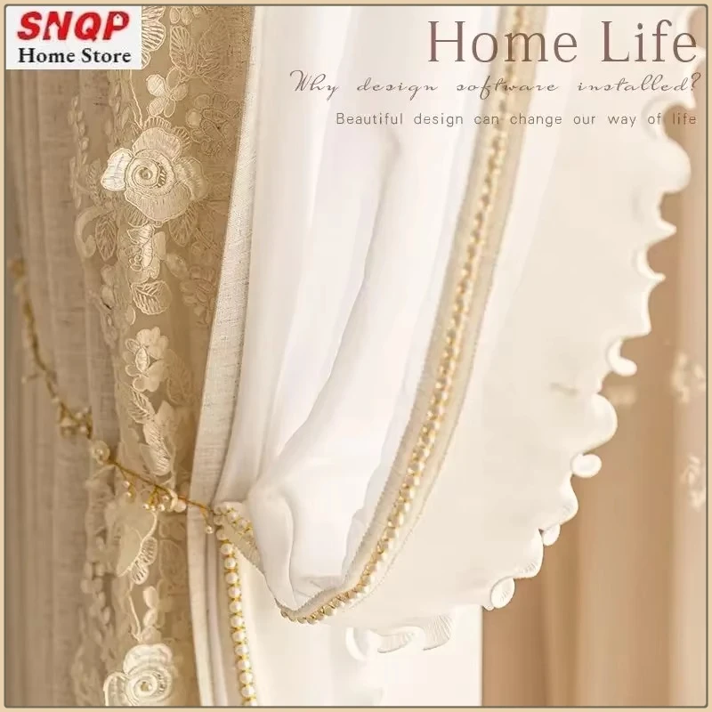 French Beige Cotton Linen Embroidered Lace Luxury Tulle Curtains for Living Room Bedroom Dining Room Warm Guest Window Elegant