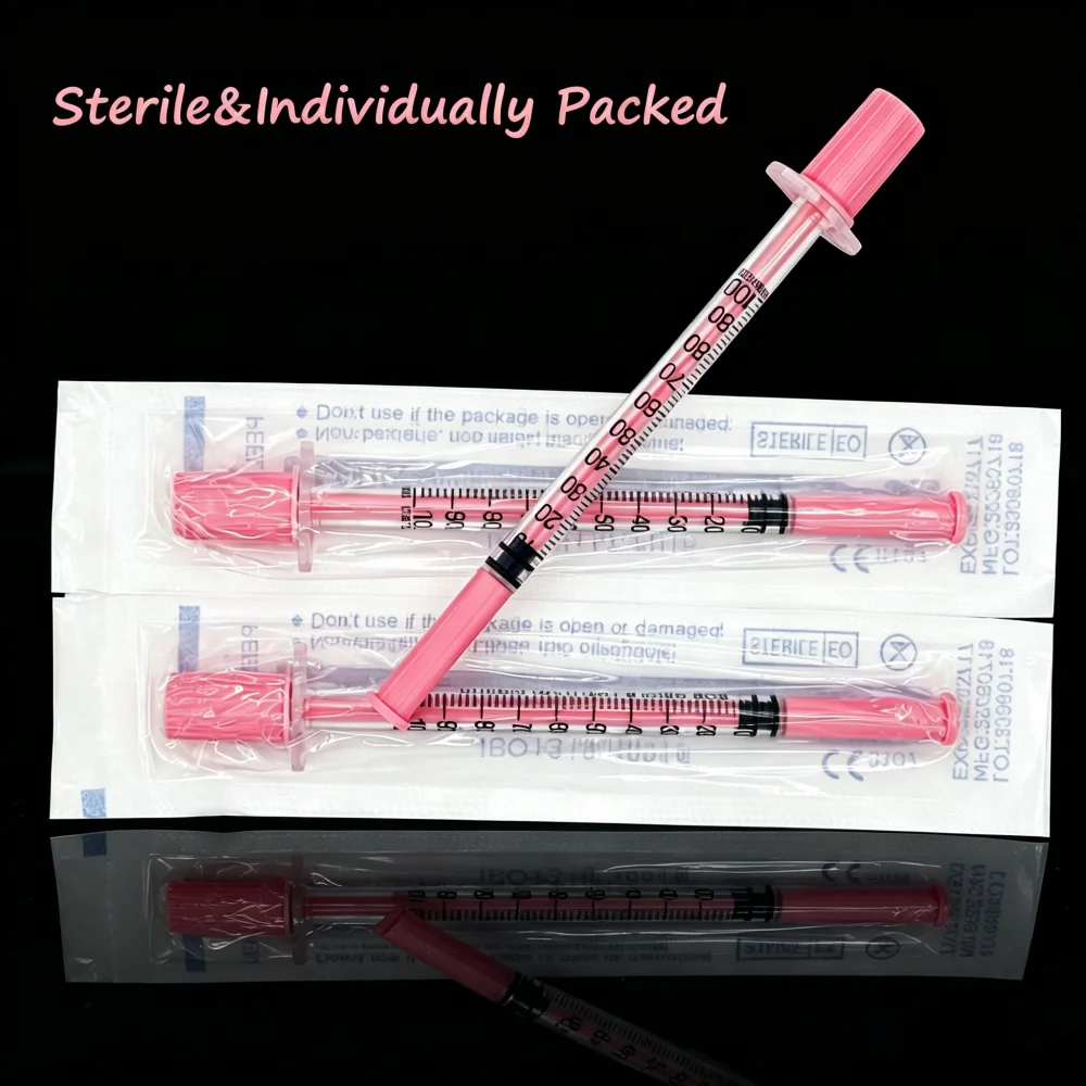 100 Stück Hellrosa Insulinspritze 1ml 30G 8mm Einweg-Sterile Injektionsspritze mit Nadel Einzeln Verpackt – Detail 4