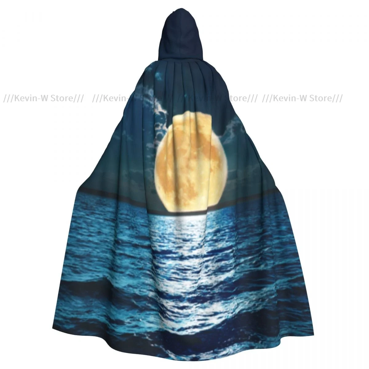 Unisex Witch Party Reversible Hooded Adult Vampires Cape Cloak Super Moon Over Ocean Surface Midnight View Dreamy Mystic Print