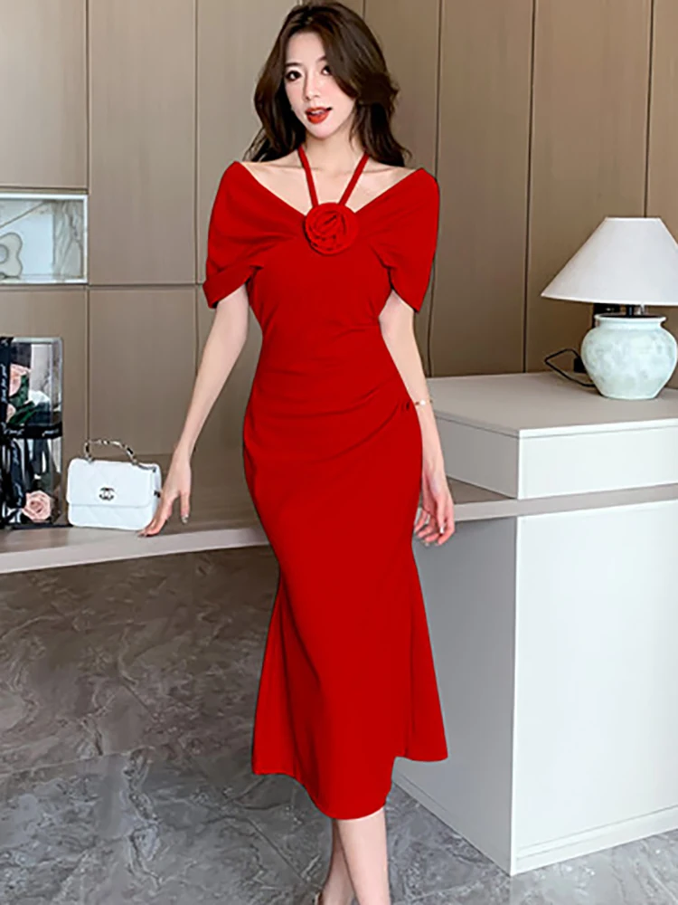 

Women Red Elegant Ruffled Midi Dress Summer Fashion Chic Neck-mounted Party Night Dresses 2025 Korean Luxury International Dress