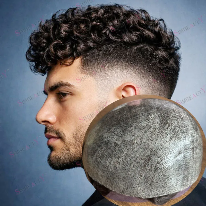 

Super Durable Strong 0.1mm Full PU Base Men Remy Human Hair 18mm Curly Toupee Natural Hairline Brown Grey Black Hair Prosthesis