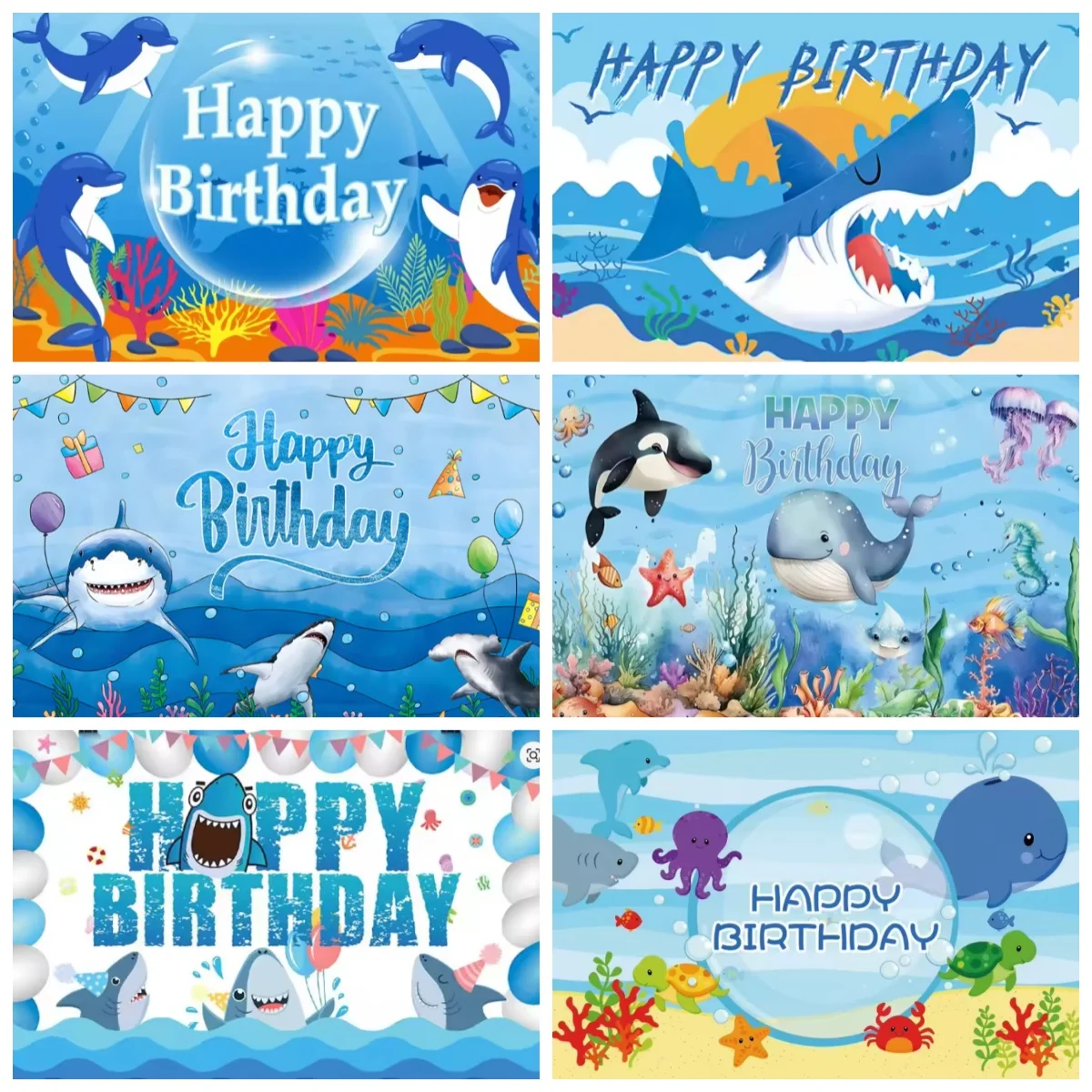 

Summer Ocean Theme Cartoon Fish Kids Birthday Party Background Decoration Banner Cute Underwater Shark Photography Backdrop Prop
