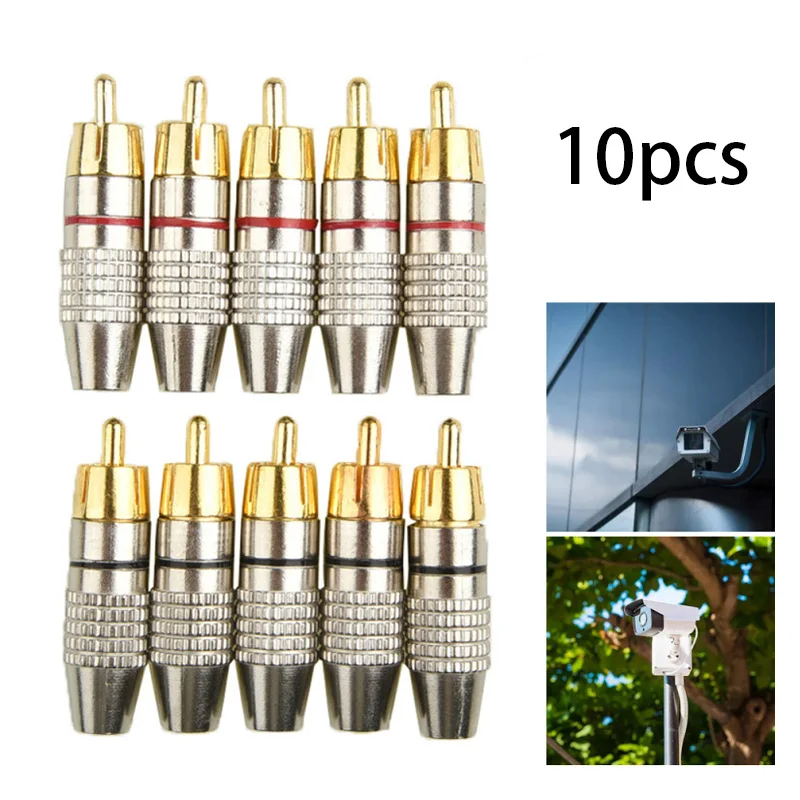 10pcs Gold RCA Male Adapter Non Solder Connector for Audio Video CCTV IP Camera Security Coaxial Cable Solderness Convertor A6