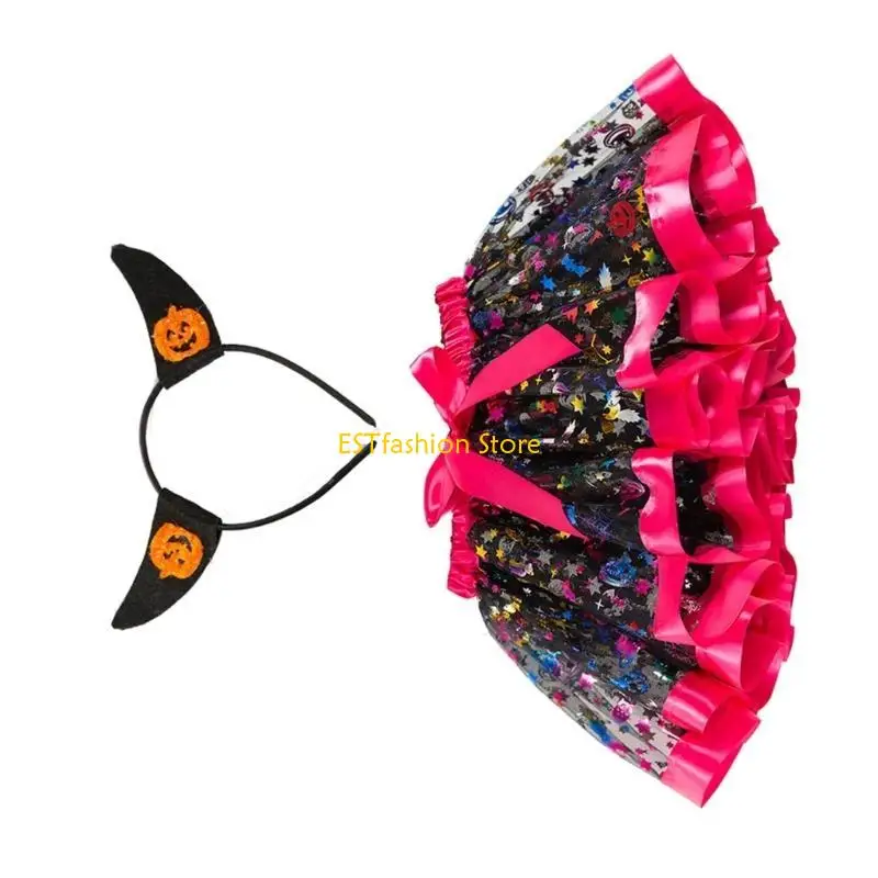 Y5GC Girl Halloween Dress Up Set Halloween Cosplay Costume Halloween Saia Headbaand