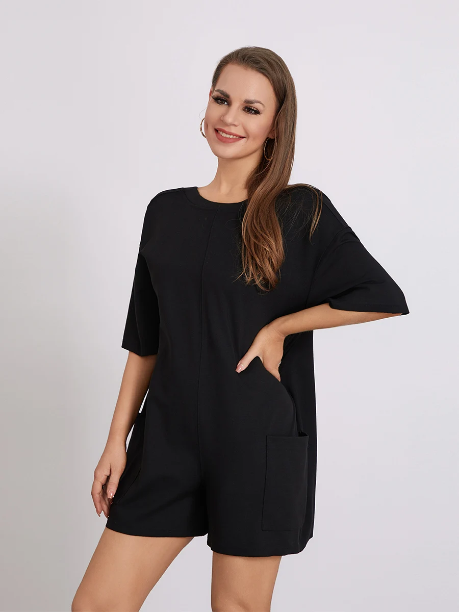 Women’s Round Neck Athletic Rompers Half Sleeve Open Back Solid Color Jumpsuit Shorts Fall Activewear