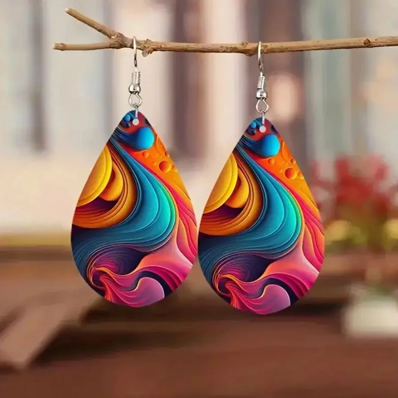 Boho Leather Water Drop Earrings Vintage Double Sided Colorful Oil Painting Earrings For Women