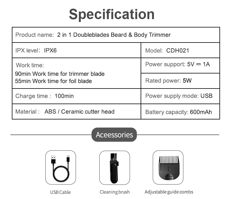 IPX6 wasserdichter 2-in-1-Traum-/Körperschneider – SkinSafe-Doppelkopf-Folienklingen, kabelloser Nass- und Trocken-Trimmer mit USB-C-Schnellladung – Detail 10