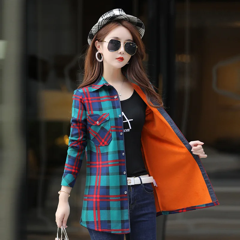 Fashion Women Oversized Warm Fleece Long Plaid Blouses Loose Long Sleeve Turn-down Collar Two Pockets Velvet Shirt M-3XL Tops