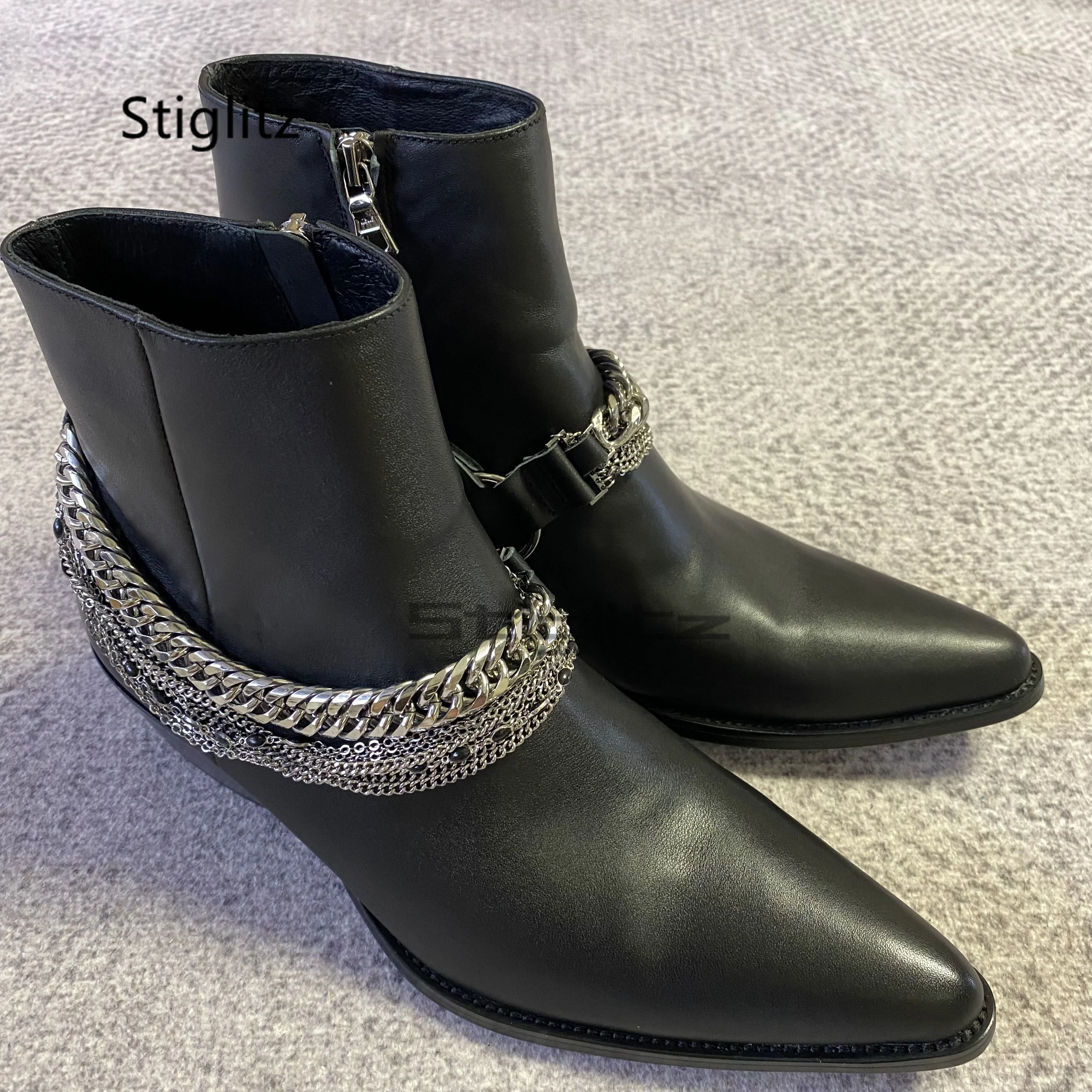 Black Genuine Leather Chain Boots for Men British Pointed Toe Chelsea Boots Chunky Heels Ankle Boots Handmade Business Shoes
