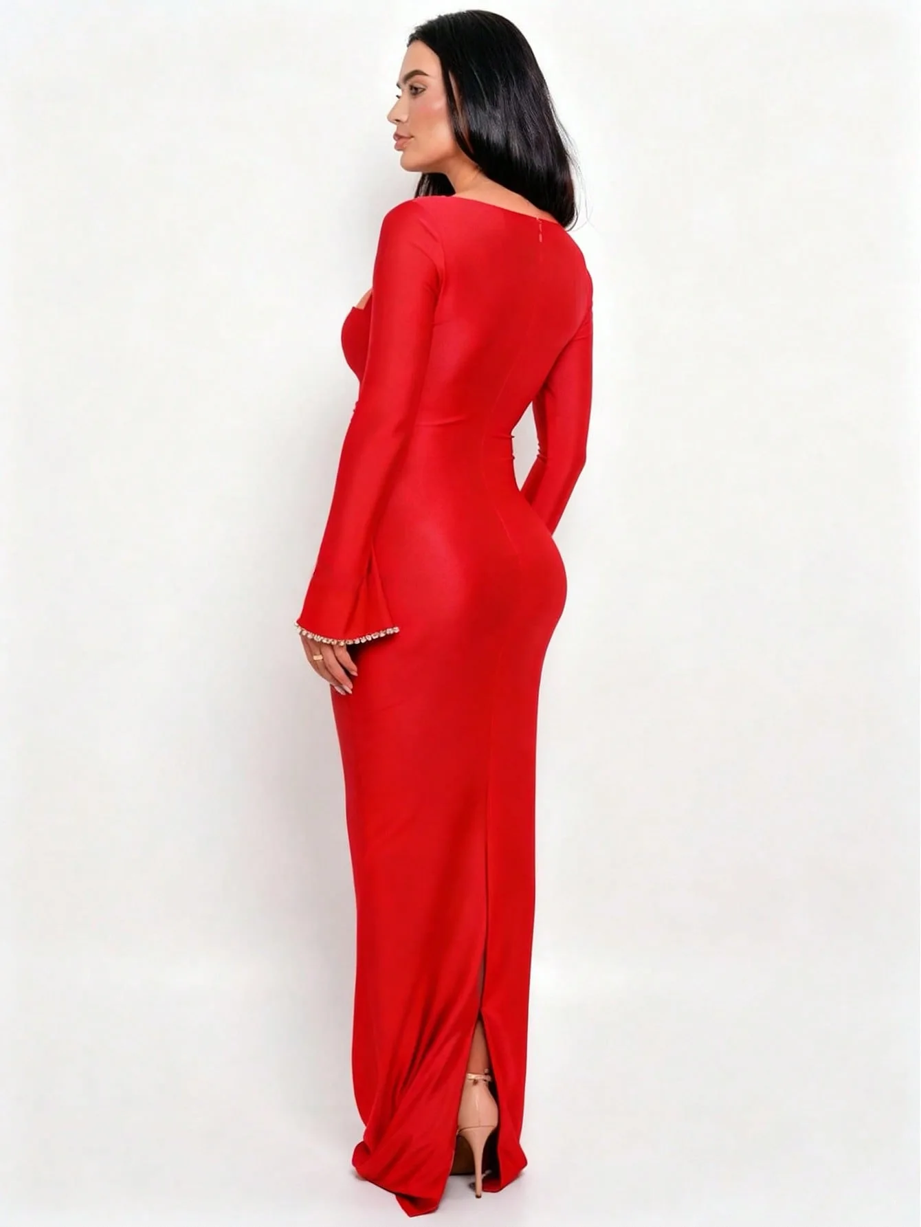

Women Red Square Neck Crystal Trim Cuffs Ruched Bust Bodycon Long Maxi Dress Back Slit Evening Party Club Dating Dresses