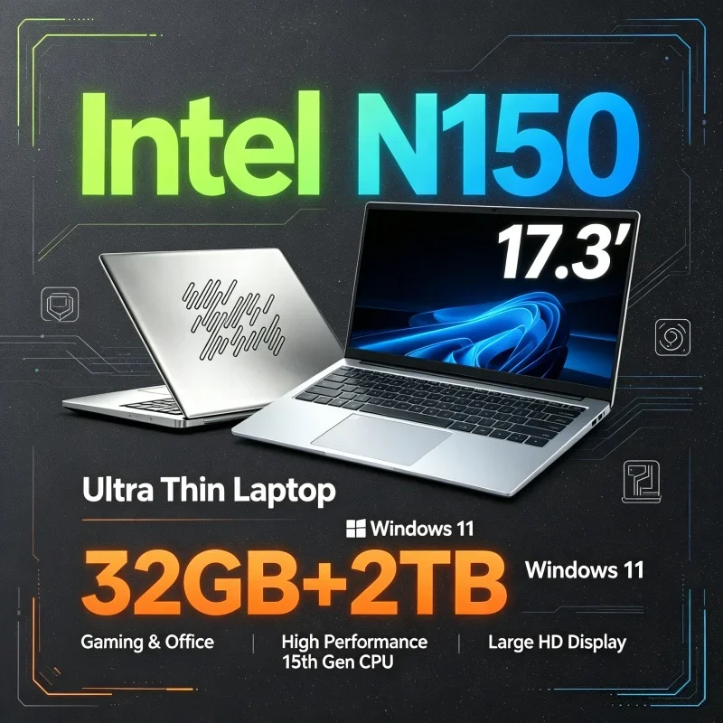 17.3'' HD Laptop Intel Core N150 32GB RAM 2TB SSD Win 11 WiFi6 BT5.2 Notebook PC Perfect For Daily Business Home Office Work