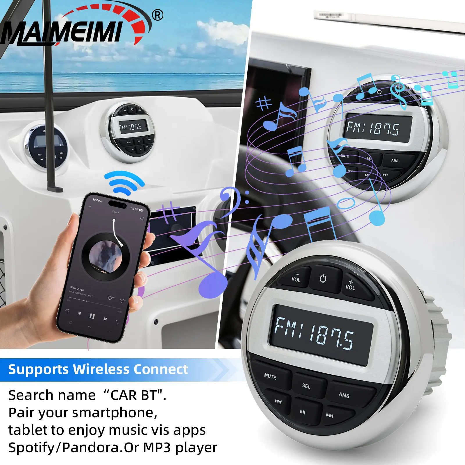 

Boat Radio MP3 Marine Stereo Source Media Player AM FM Receiver MP3 Video Player Bluetooth Compatible Wireless Connect AUX