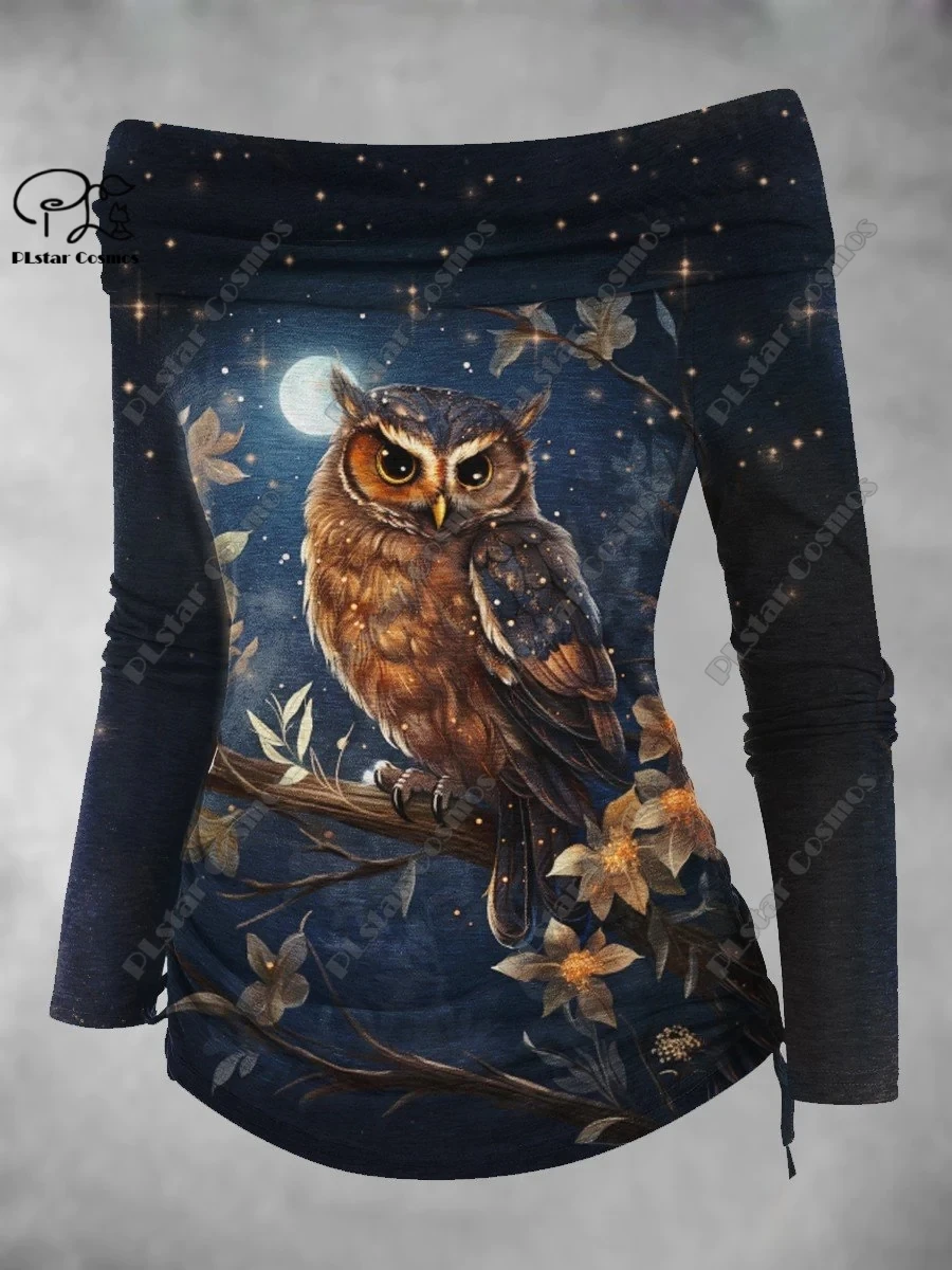 PLstar Cosmos 3D printed animal series cute owl pattern printed off-shoulder pleated tight T-shirt women's casual top