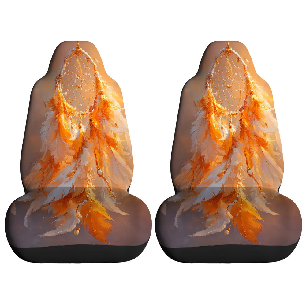 2pcs Orange And White Feather Dreamcatcher Print Car Seat Covers, Suitable For Sedans, SUVs, MPVs, And Trucks. Durable Front Sea