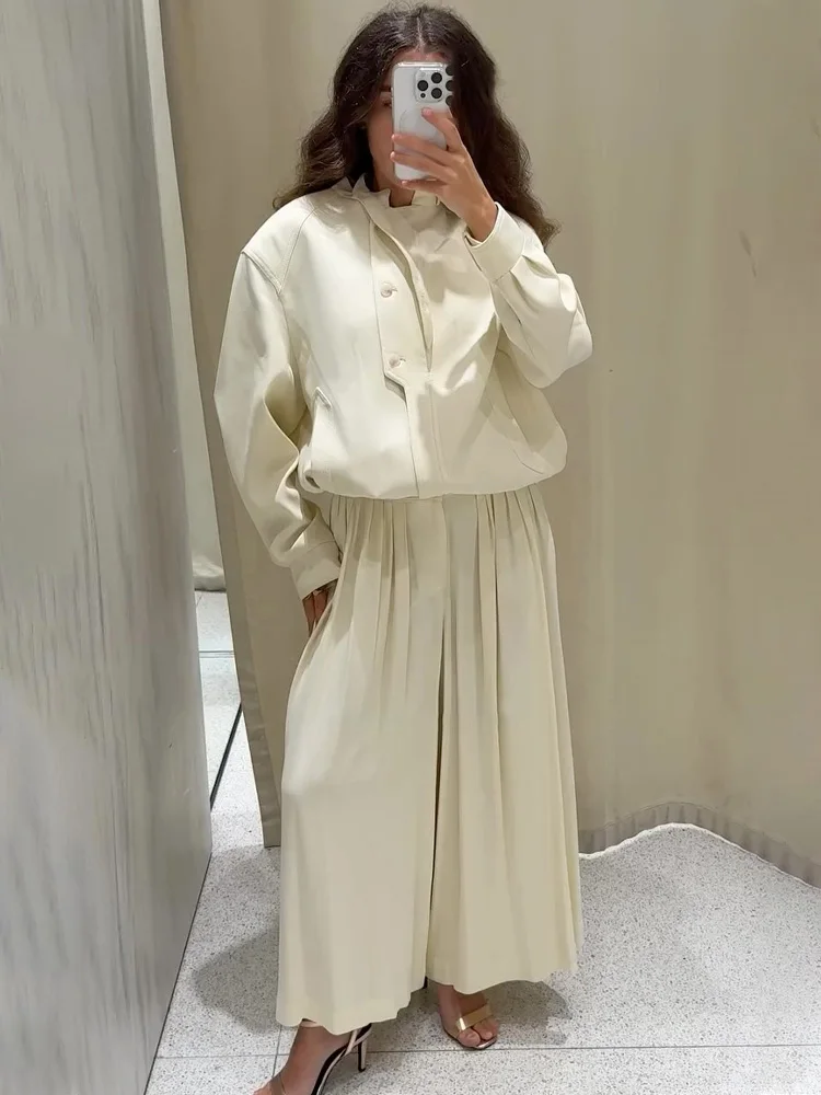 HH Abito da donna alla moda Tasca con bottoni Design con cerniera Giacca casual a maniche lunghe + Pantaloni rugosi slim a vita alta Set da 2 pezzi