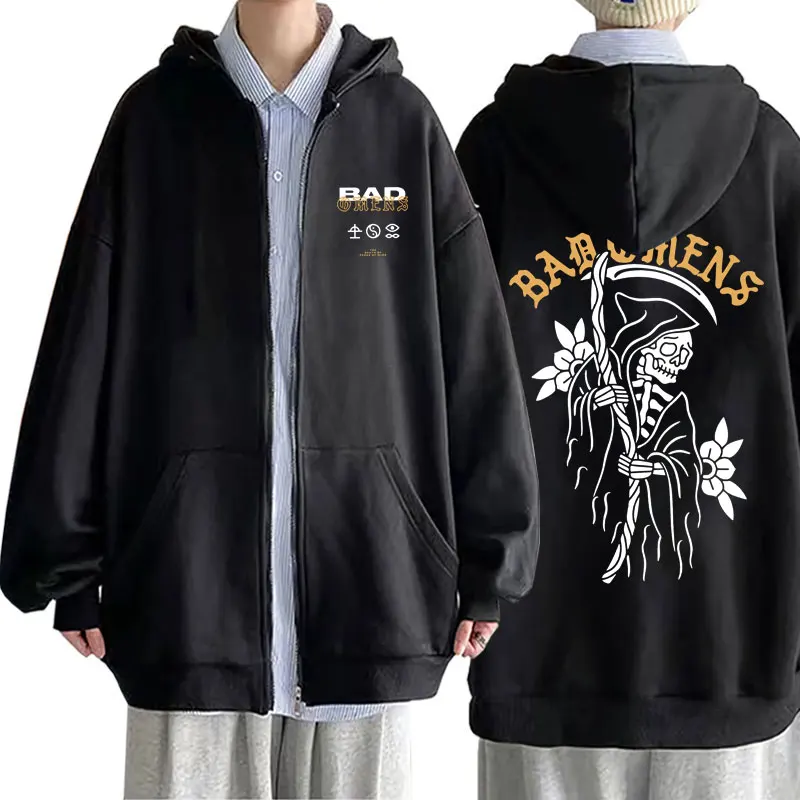 

Vintage Rock Band Bad Omens The Death of Peace of Mind Skeleton Zipper Hoodie Male Casual Zip Up Jacket Men Oversized Streetwear