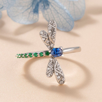 Huitan Blue Green Dragonfly Rings for Women Creative Design Dance Party Exquisite Female Rings Silver Color Brilliant CZ Jewelry