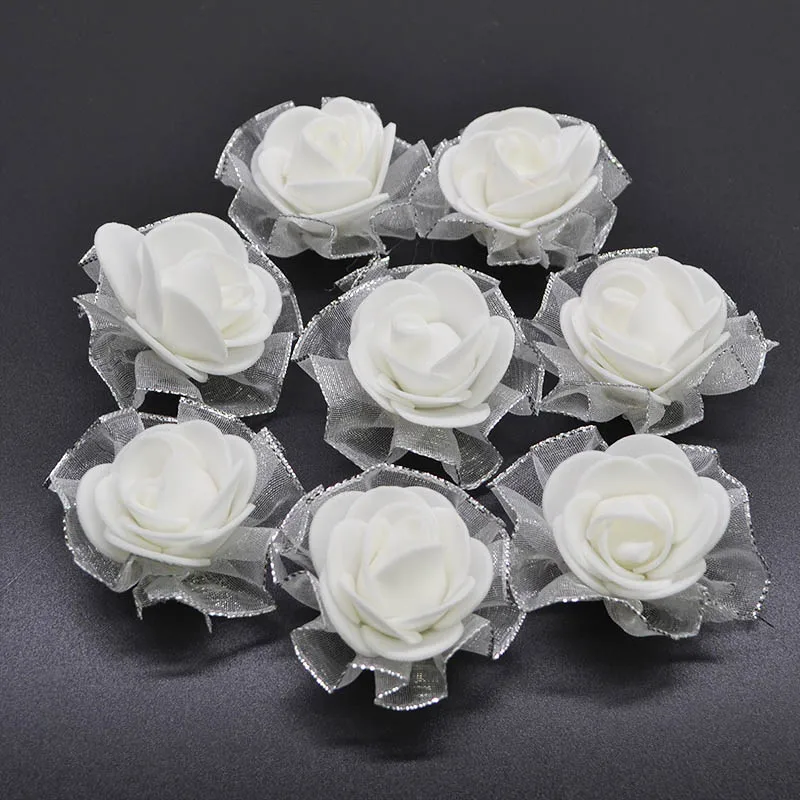 50pcs 4cm Mini Foam Rose Heads White Beige Artificial Flowers Wedding Decoration Floral DIY Wreath Bouquet Fake Roses Home Decor