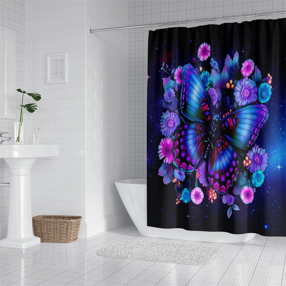 1pc Butterfly Flower Shower Curtain Bathroom Partition Decorative Curtain Machine Washable Purple Flowers Window Privacy Curtain