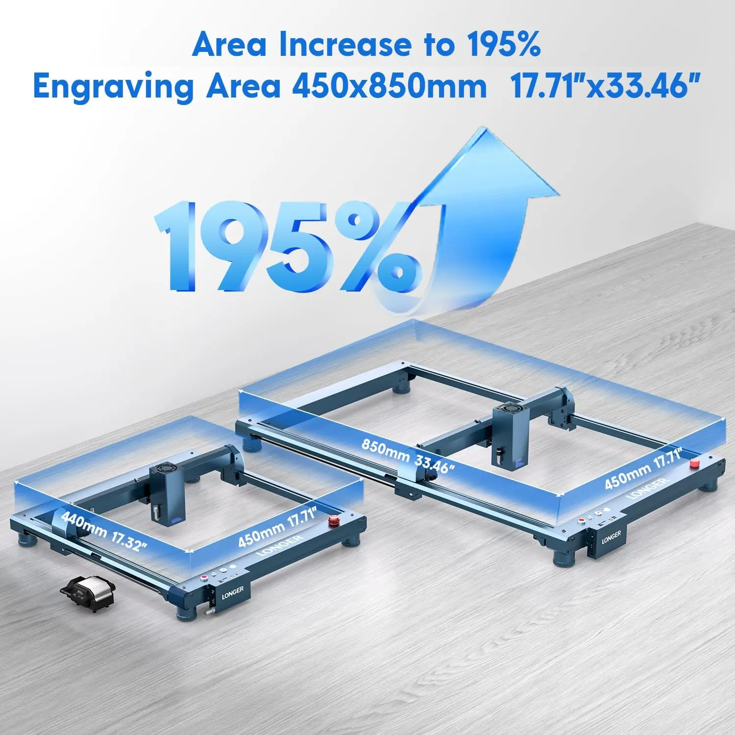 Kit di espansione serie B1 più lungo, area di incisione estesa fino a 17,7" x 33,5" (450 x 850 mm), compatibile con laser B1 20 W/30 W/40 W