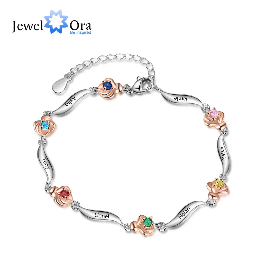 

JewelOra Personalized Name Engraving Bracelets Customized 1-6 Birthstone Rose Flower Bracelets & Bangles Mothers Day Gifts