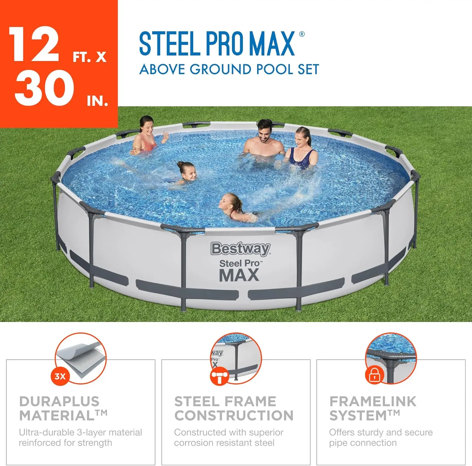 Steel Pro MAX Above Ground Swimming Pool | Round Family Pool with Tritech® Puncture Resistant Liner | Easy Setup