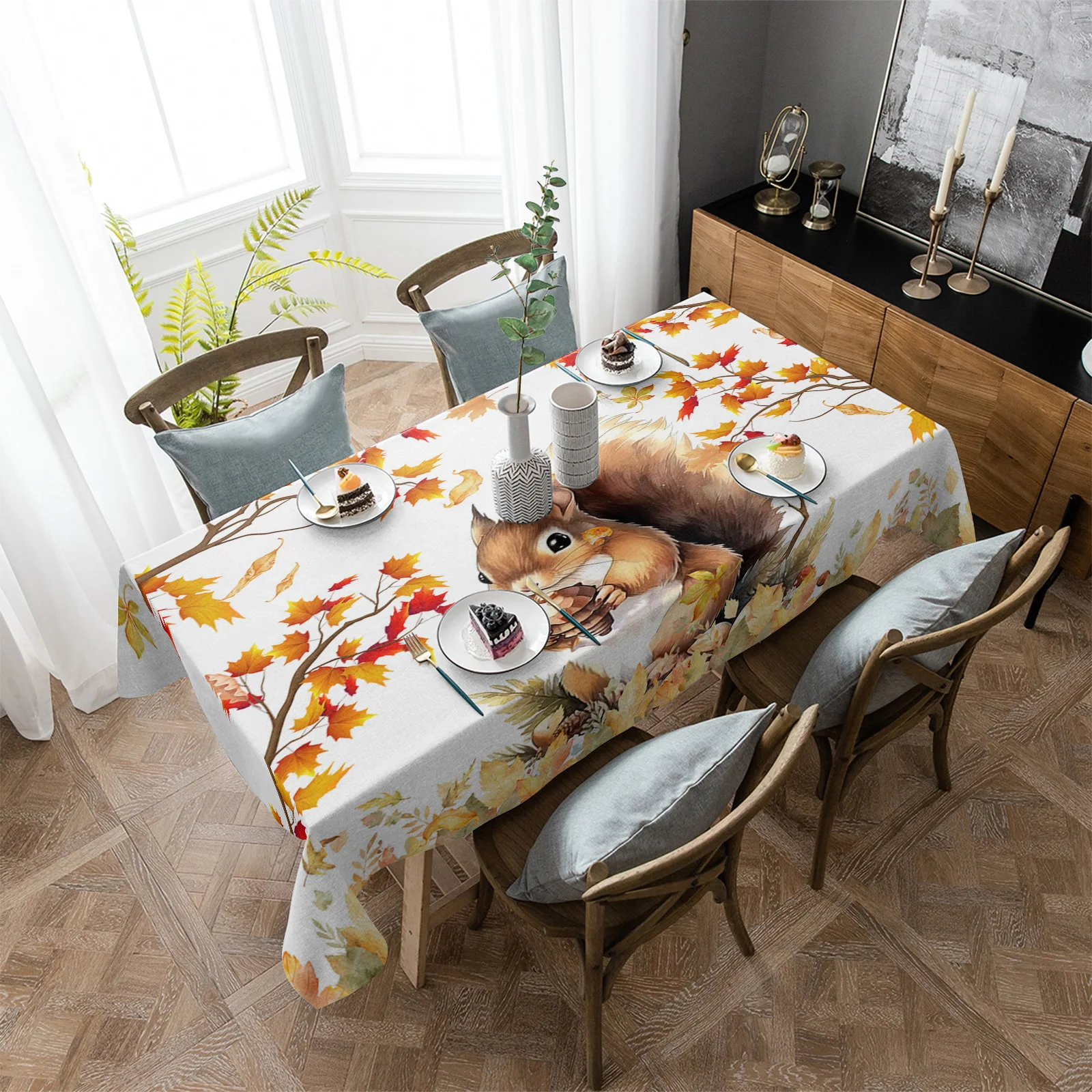 Fall Squirrel Maple Leaf Stretch Chair Cover Kitchen Dining Chair Slipcovers Banquet Hotel Elastic Seat Chair Covers