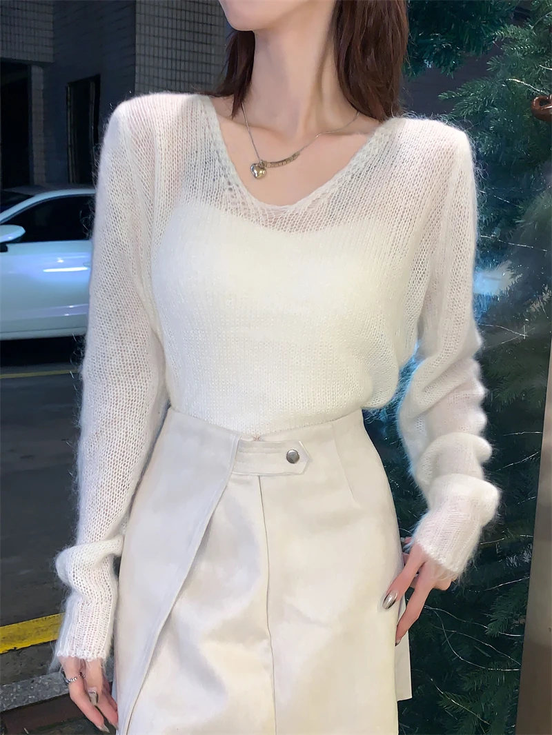 Short wool mohair early spring early autumn V-neck solid color hazy slightly transparent thin style pullover sweater for women