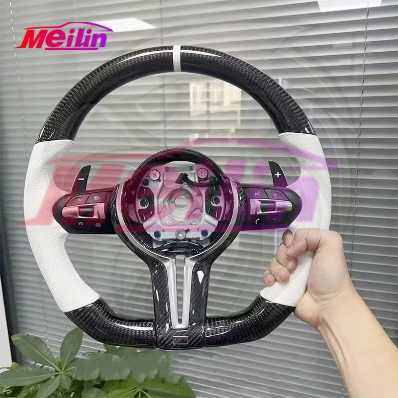 Geeignet für BMW F30 F10 F32 F20 F25 F22 F36 F33 F32 F11 F18 Serie Carbon-Faser Weißes Leder-Lenkrad Beidseitig