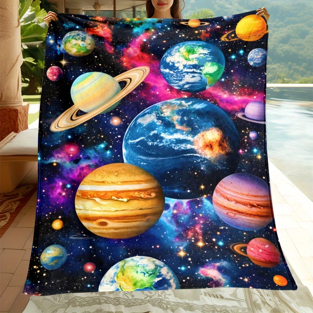 Cosmic Solar System Planet Throw Blanket, Colorful Galaxy Outer Space Art Print Cozy Flannel Blanket for Bedroom Sofa Home Decor