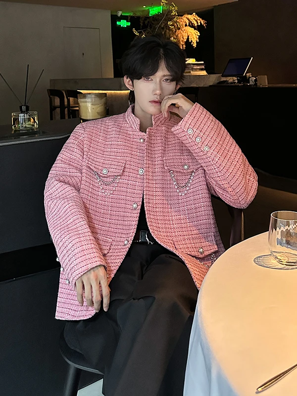 

TANGZ Studio Men's Jaet Luxury Heavy Metal Decoration Youth Faion Autumn Outerwear Long Sve Stand Collar Button Closure