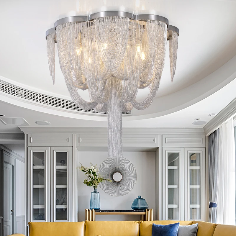 2026 Exquisite Ceiling Light Chain Pendant Light Ceiling Aluminum Chain Led Lighting Circular Chrome Living Room Chrome Gloss Li