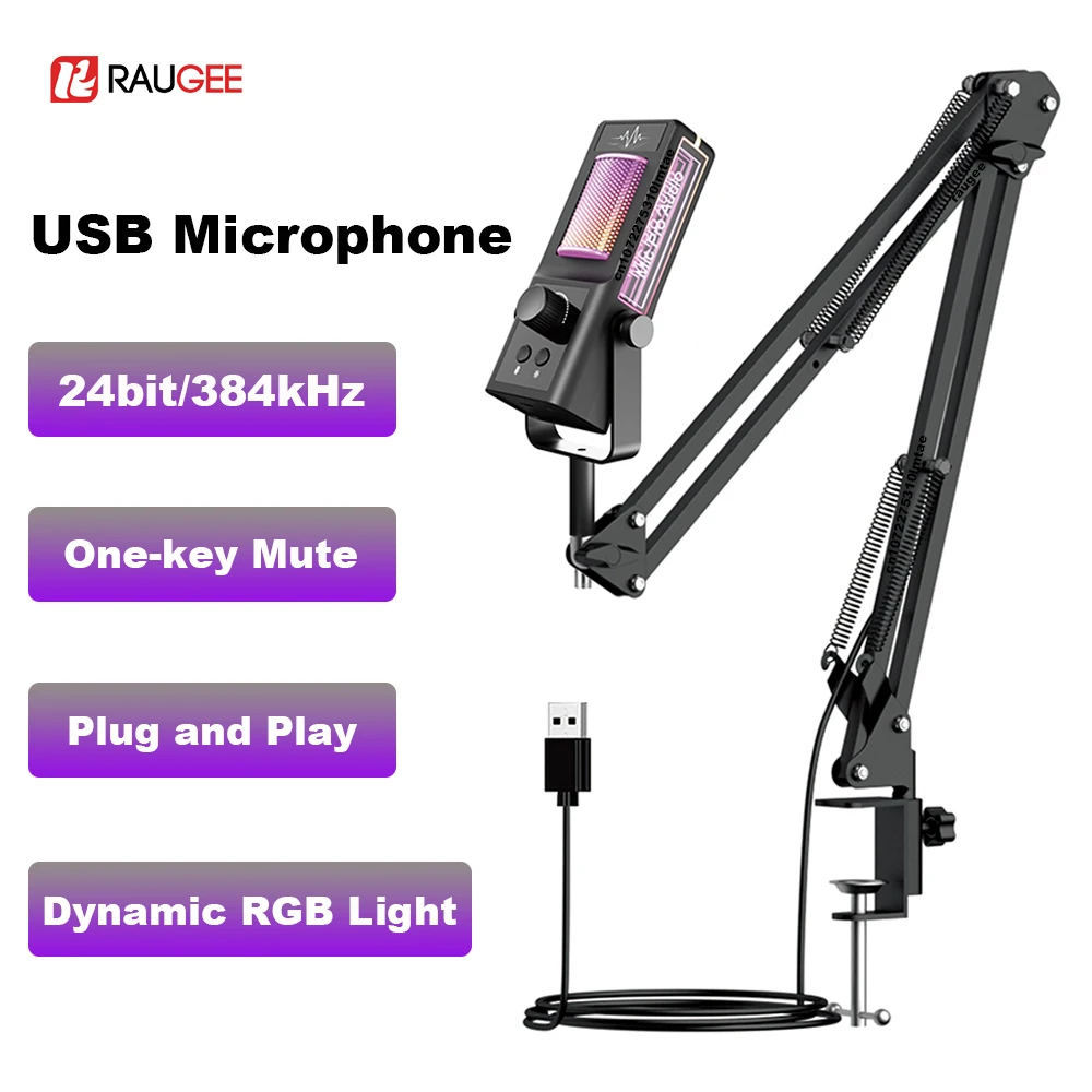 USB Microphone RGB Condenser Microphone with Boom Arm Professional Podcast Recording Gaming Streaming Singing Mic for PC Laptop