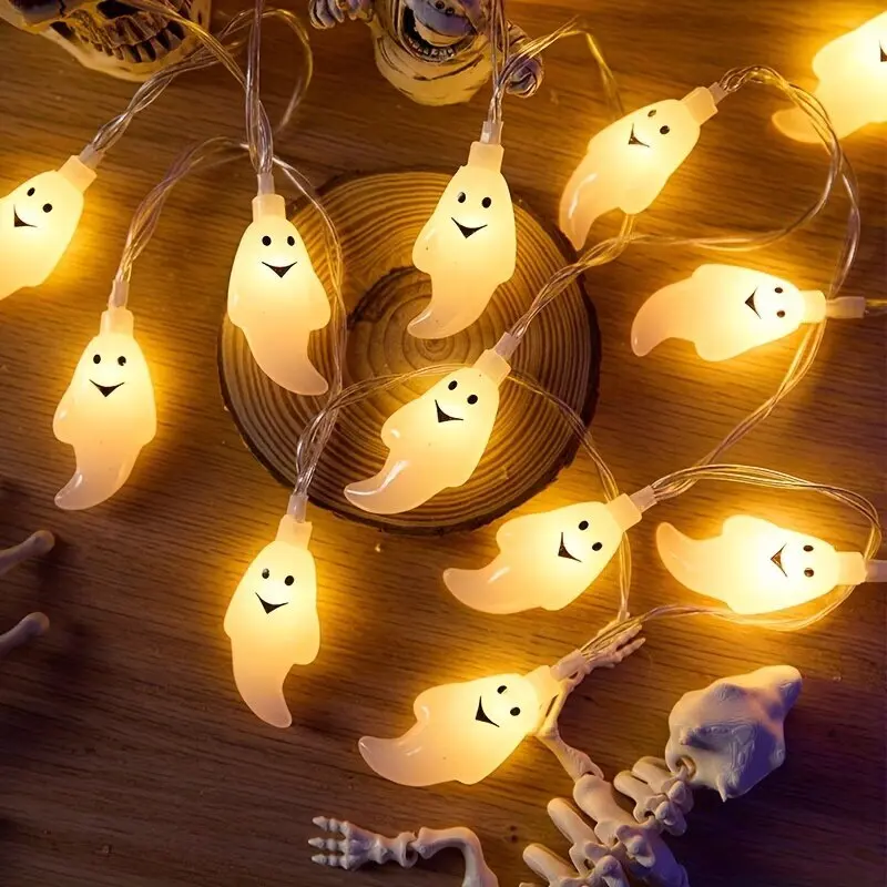 10/20/40LED Halloween Ghost String Lights Cute Playful Smiling Ghost Battery Powered Fairy Lights Spooky Room Party Decorations
