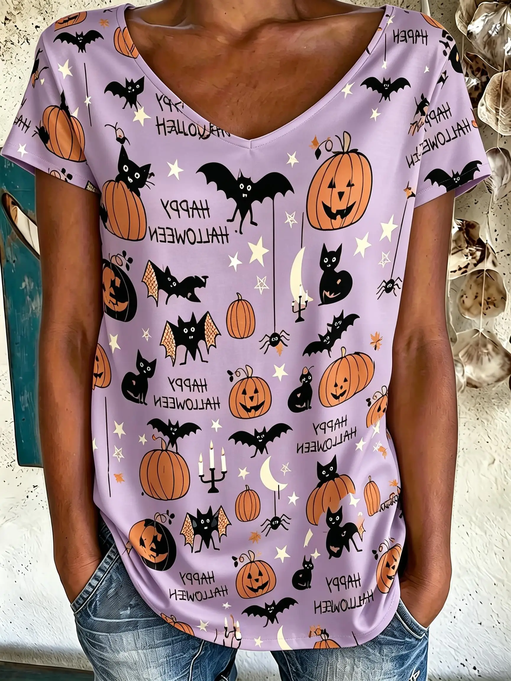 Women V‑Neck Short Sleeve T‑Shirt Halloween All Over Print Pumpkin Bat Black Cat Star Spider Casual Loose Holiday Tops
