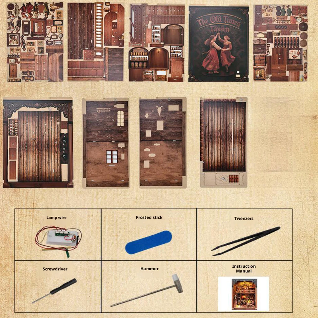 OUZEY Kit de bricolaje de rincón de libros de madera 3D, modelo en miniatura "Vintage Alehouse" con LED, regalo de decoración de estantería del viejo mundo para adultos