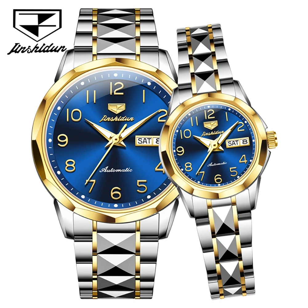 JSDUN 8990 Couple Watches Tungsten Steel Mechanical Watch Waterproof Week Date Watches For Couple's Gifts Box Luxury Original