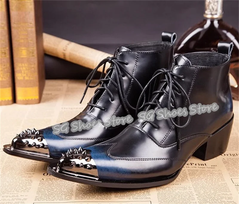 

Male Rivet Decor Metal Pointed Toe Chelsea Boots British Style High Top Lace-Up Ankle Boots Wedding Business Dress Shoes for Men
