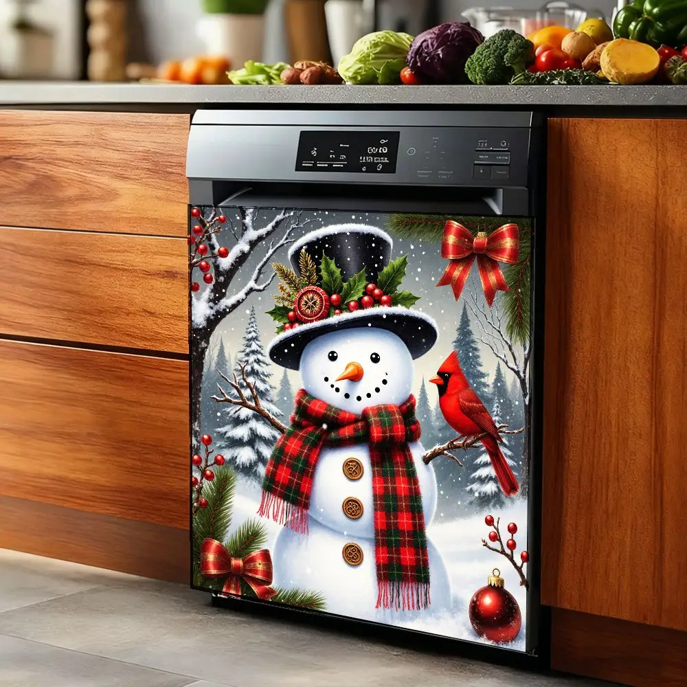 2D Flat Dishwasher Sticker Christmas Snowman Classic Winter Scene Snowman Cardinal Theme Kitchen Fridge Washer Dryer Decor