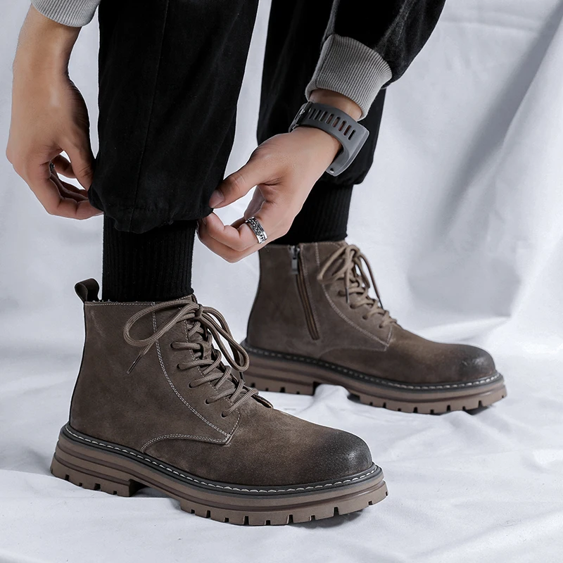 Sepatu bot pria kulit asli, sepatu bot pria isolasi mewah Retro klasik, sepatu kulit asli antik, sepatu taktis modis, sepatu bot leher tinggi, tali
