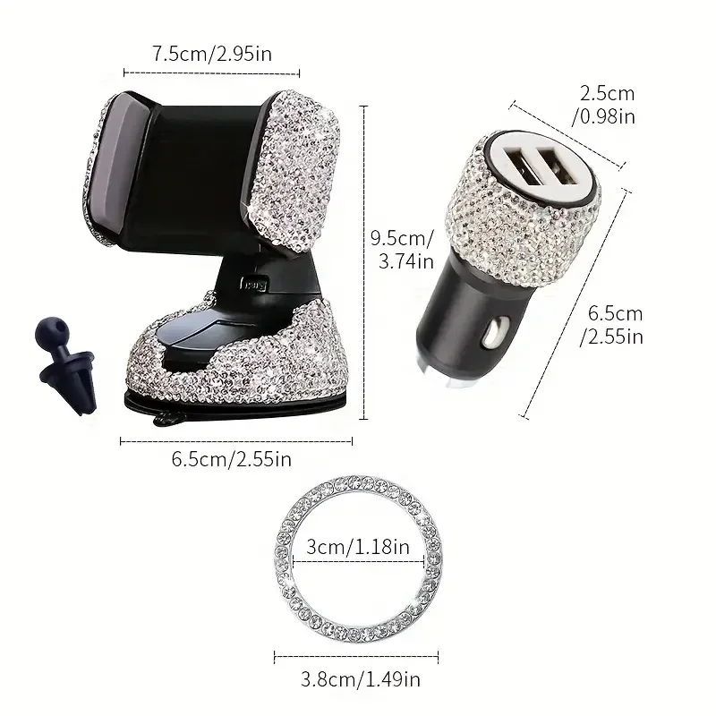 Suporte de telefone de carro diamante cristal para mulheres, carregador automático, cabo de carregamento 3-em-1, adesivos de início de uma tecla, conjunto de acessórios para carro, 5 peças